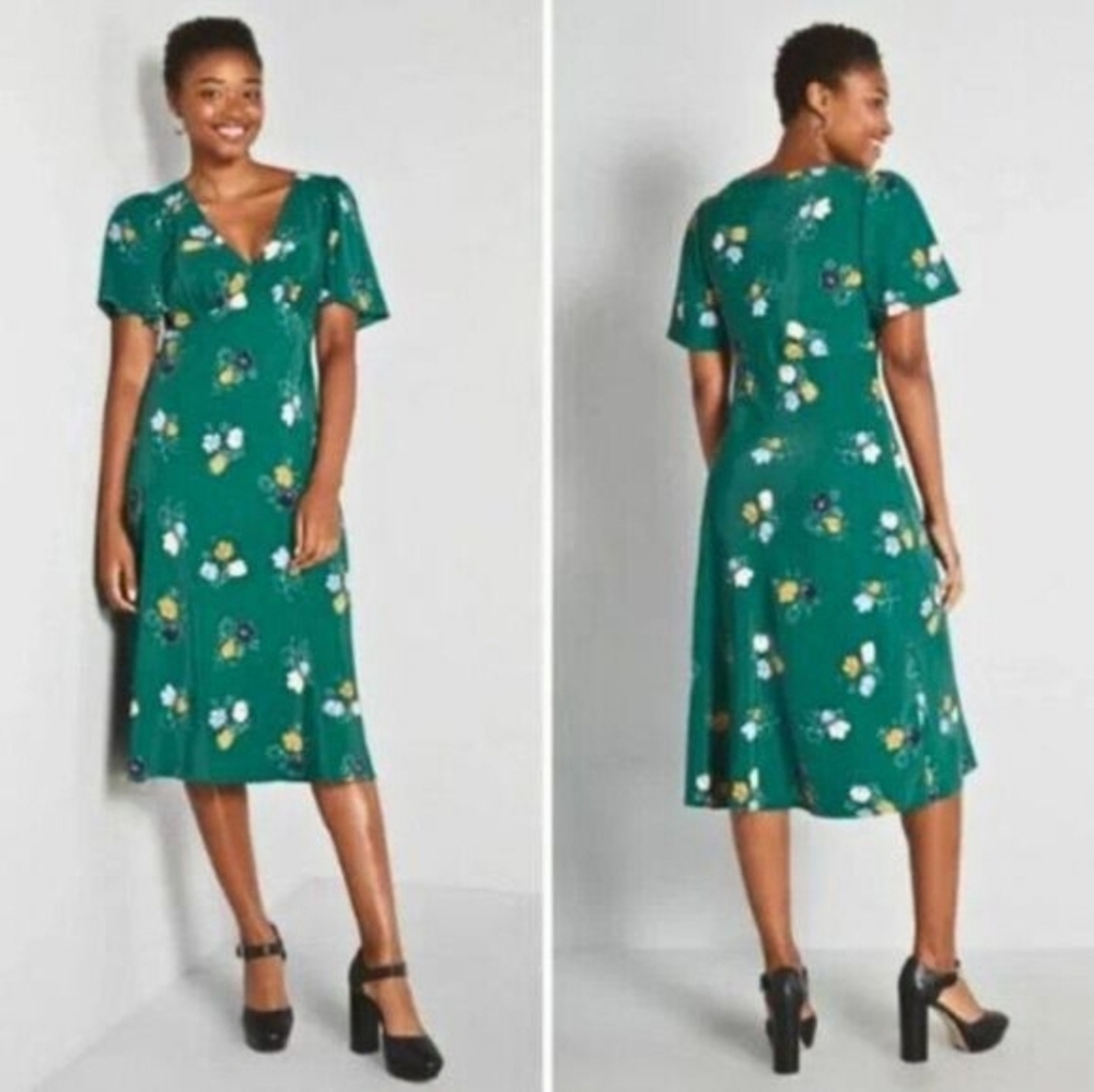ModCloth Floral Flutter Sleeve Dark Teal Midi Dress Size Sm Sweetheart Neckline